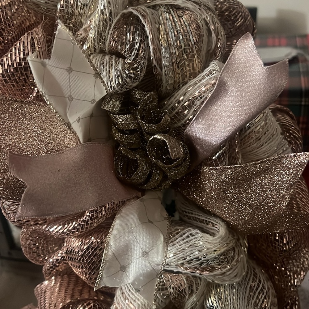 Winter Rose Gold and Champagne Deco Mesh Wreath - Picture 4 of 6